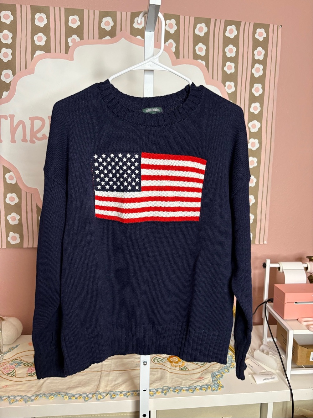 Woman’s Navy Crewneck Sweater with American Flag